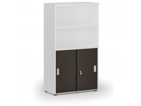 Kombinovaná kancelářská skříň PRIMO WHITE, zasouvací dveře na 2 patra, 1434 x 800 x 420 mm, bílá/wenge
