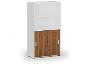 Kombinovaná kancelářská skříň PRIMO WHITE, zasouvací dveře na 2 patra, 1434 x 800 x 420 mm, bílá/ořech