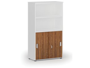 Kombinovaná kancelářská skříň PRIMO WHITE, zasouvací dveře na 2 patra, 800 x 420 x 1434 mm, bílá/ořech