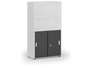 Kombinovaná kancelářská skříň PRIMO WHITE, zasouvací dveře na 2 patra, 1434 x 800 x 420 mm, bílá/grafit