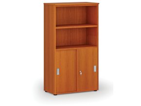 Kombinovaná kancelářská skříň PRIMO WOOD, zasouvací dveře na 2 patra, 800 x 420 x 1434 mm, třešeň
