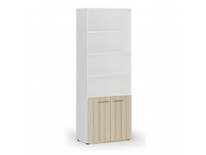 Kombinovaná kancelářská skříň PRIMO WHITE, dveře na 2 patra, 2128 x 800 x 420 mm, bílá/dub přírodní