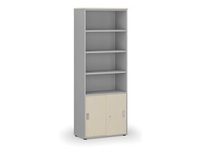 Kombinovaná kancelářská skříň PRIMO GRAY, zasouvací dveře na 2 patra, 2128 x 800 x 420 mm, šedá/bříza
