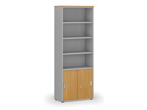 Kombinovaná kancelářská skříň PRIMO GRAY, zasouvací dveře na 2 patra, 2128 x 800 x 420 mm, šedá/buk