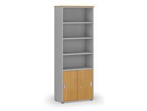 Kombinovaná kancelářská skříň PRIMO GRAY, zasouvací dveře na 2 patra, 2128 x 800 x 420 mm, šedá/buk