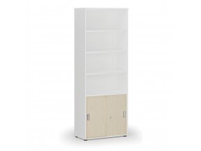 Kombinovaná kancelářská skříň PRIMO WHITE, zasouvací dveře na 2 patra, 2128 x 800 x 420 mm, bílá/bříza