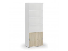 Kombinovaná kancelářská skříň PRIMO WHITE, zasouvací dveře na 2 patra, 2128 x 800 x 420 mm, bílá/dub přírodní