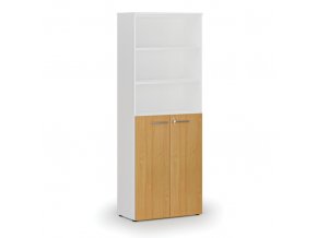 Kombinovaná kancelářská skříň PRIMO WHITE, dveře na 3 patra, 2128 x 800 x 420 mm, bílá/buk