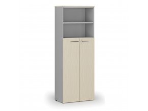 Kombinovaná kancelářská skříň PRIMO GRAY, dveře na 4 patra, 2128 x 800 x 420 mm, šedá/bříza