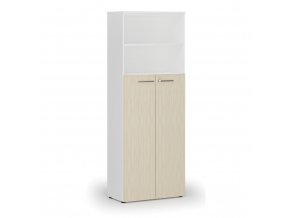 Kombinovaná kancelářská skříň PRIMO WHITE, dveře na 4 patra, 2128 x 800 x 420 mm, bílá/bříza