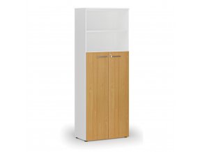 Kombinovaná kancelářská skříň PRIMO WHITE, dveře na 4 patra, 2128 x 800 x 420 mm, bílá/buk