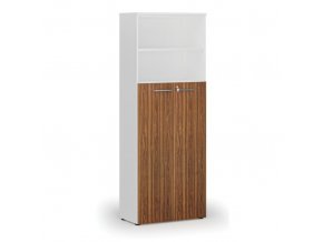 Kombinovaná kancelářská skříň PRIMO WHITE, dveře na 4 patra, 2128 x 800 x 420 mm, bílá/ořech