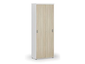 Kancelářská skříň se zasouvacími dveřmi PRIMO WHITE, 800 x 420 x 2128 mm, bílá/dub přírodní