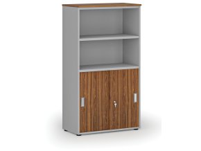 Kombinovaná kancelářská skříň PRIMO GRAY, zasouvací dveře na 2 patra, 800 x 420 x 1434 mm, šedá/ořech