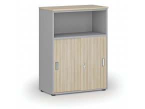 Kombinovaná kancelářská skříň se zásuvnými dveřmi PRIMO GRAY, 1087 x 800 x 420 mm, šedá/dub přírodní