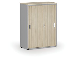 Kancelářská skříň se zasouvacími dveřmi PRIMO GRAY, 800 x 420 x 1087 mm, šedá/dub přírodní