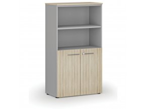 Kombinovaná kancelářská skříň PRIMO GRAY, dveře na 2 patra, 1434 x 800 x 420 mm, šedá/dub přírodní