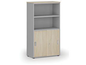 Kombinovaná kancelářská skříň PRIMO GRAY, zasouvací dveře na 2 patra, 800 x 420 x 1434 mm, šedá/dub přírodní