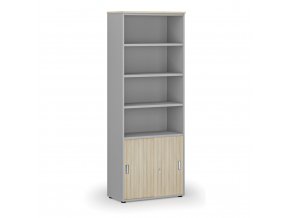 Kombinovaná kancelářská skříň PRIMO GRAY, zasouvací dveře na 2 patra, 2128 x 800 x 420 mm, šedá/dub přírodní