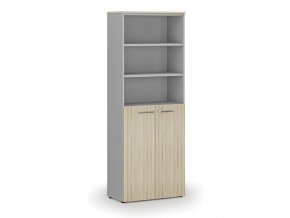 Kombinovaná kancelářská skříň PRIMO GRAY, dveře na 3 patra, 2128 x 800 x 420 mm, šedá/dub přírodní