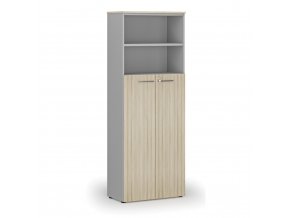 Kombinovaná kancelářská skříň PRIMO GRAY, dveře na 4 patra, 2128 x 800 x 420 mm, šedá/dub přírodní