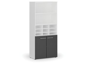 Třídicí regál s dveřmi PRIMO WHITE, 800 x 420 x 1781 mm, 9 přihrádek, bílá / grafitová