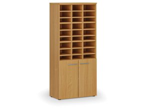 Třídicí regál s dveřmi PRIMO WOOD, 800 x 420 x 1781 mm, 27 přihrádek, buk