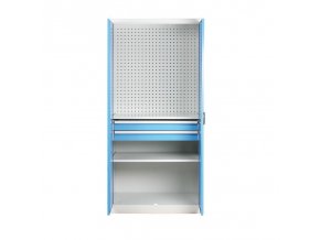 policova dilenska skrin na naradi kovos perforovany panel 2 police 2 zasuvky 950 x 600 x 1950 mm 75072