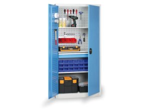 dilenska zasuvkova skrin na naradi kovos 1 police 8 zasuvek perforovana 950 x 600 x 1950 mm 112204