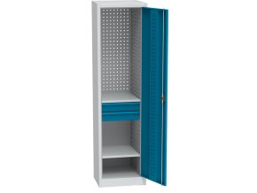 uzka dilenska zasuvkova skrin na naradi kovos 2 police 2 zasuvky svarovana 505 x 500 x 1950 mm 85002