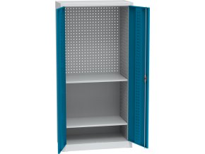 Policová dílenská skříň na nářadí KOVOS, perforovaný panel, 2 police, 950 x 500 x 1950 mm