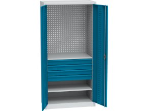 policova dilenska skrin na naradi kovos 2 police 4 zasuvky perforovana 950 x 500 x 1950 mm 85007