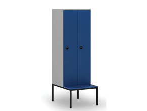 Dřevěná šatní skříňka s lavičkou, 2 oddíly, 1871 x 600 x 500/800 mm, RFID zámek, šedá/modrá