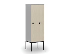Dřevěná šatní skříňka s podnoží, 2 oddíly, 1871 x 600 x 500 mm, RFID zámek, šedá/bříza