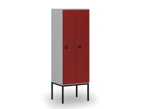 Dřevěná šatní skříňka s podnoží, 2 oddíly, 1871 x 600 x 500 mm, RFID zámek, šedá/červená