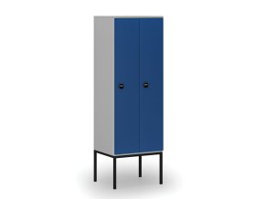 Dřevěná šatní skříňka s podnoží, 2 oddíly, 1871 x 600 x 500 mm, RFID zámek, šedá/modrá