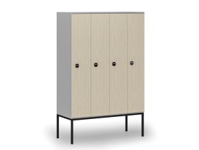 Dřevěná šatní skříňka s podnoží, 4 oddíly, 1871 x 1200 x 500 mm, RFID zámek, šedá/bříza