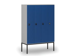 Dřevěná šatní skříňka s podnoží, 4 oddíly, 1871 x 1200 x 500 mm, RFID zámek, šedá/modrá