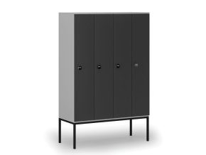 Dřevěná šatní skříňka s podnoží, 4 oddíly, 1871 x 1200 x 500 mm, RFID zámek, šedá/grafit