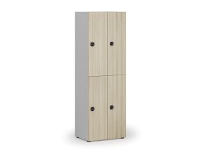 Dřevěná šatní skříňka s úložnými boxy, 4 boxy, kódový zámek, šedá/dub přírodní