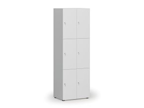 Dřevěná šatní skříňka s úložnými boxy, 6 boxů, cylindrický zámek, šedá/bílá
