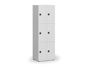 Dřevěná šatní skříňka s úložnými boxy, 6 boxů, kódový zámek, šedá/bílá