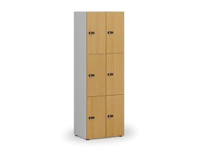 Dřevěná šatní skříňka s úložnými boxy, 6 boxů, mechanický kódový zámek, šedá/buk