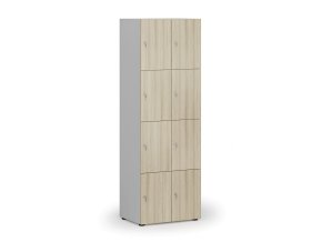 Dřevěná šatní skříňka s úložnými boxy, 8 boxů, cylindrický zámek, šedá/dub přírodní