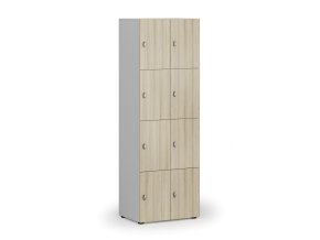 Dřevěná šatní skříňka s úložnými boxy, 8 boxů, otočný zámek, šedá/dub přírodní