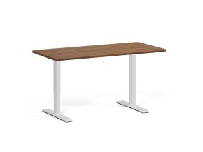 Výškově nastavitelný stůl, 160x80 cm, 1 motor, zaoblené rohy, bílá podnož, ořech