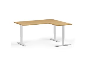 Rohový výškově nastavitelný stůl, 160x140 cm, 3 motory, L/P, bílá podnož, buk