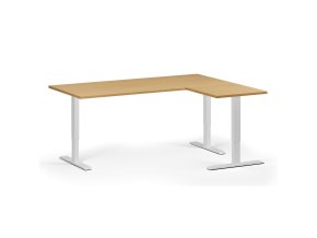 Rohový výškově nastavitelný stůl, 180x140 cm, 3 motory, L/P, bílá podnož, buk