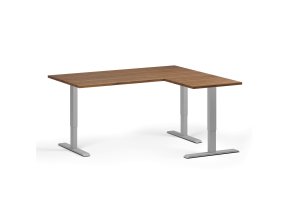 Rohový výškově nastavitelný stůl, 160x140 cm, 3 motory, L/P, šedá podnož, ořech