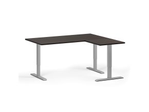 Rohový výškově nastavitelný stůl, 160x140 cm, 3 motory, L/P, šedá podnož, wenge